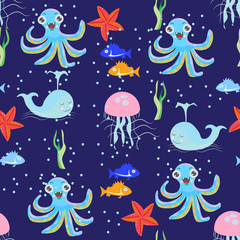 Obraz na płótnie Canvas Seamless vivid picture of sea world with fish, octopus, jellyfish, starfish and seaweed
