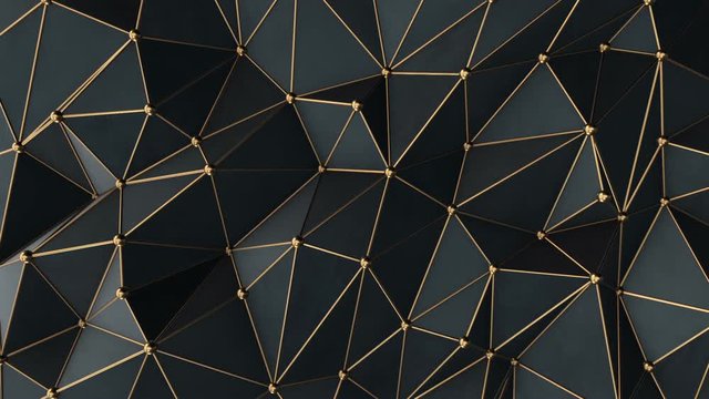 Abstract background with polygonal surface from concrete or plastic and metallic lines and spheres as net. Animation of seamless loop. 