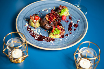 Fine dining Grilled steak with vegetables in restaurant, Professional gastronomy