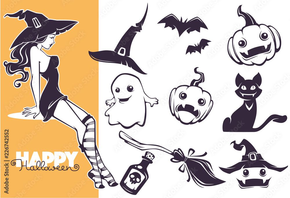 Wall mural happy halloween line art objects collection for your greeting design