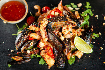 Delicious seafood with spicy sos.Mediterranean fine cuisine