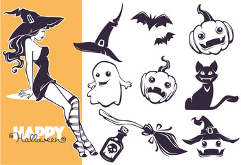 Happy Halloween line art objects collection for your greeting design