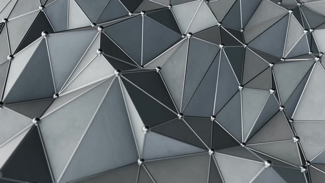 Abstract background with polygonal surface from concrete or plastic and metallic lines and spheres as net. Animation of seamless loop. 
