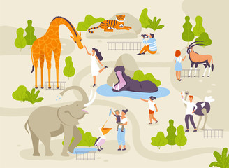 Zoo park with funny animals and people interacting with them vector flat illustrations. Animals in zoo infographic elements with adults and children cartoon characters walking in the park map creating