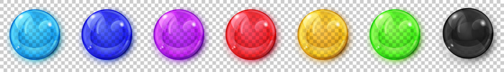 Set of translucent colored spheres with glares and shadows on transparent background. Transparency only in vector format
