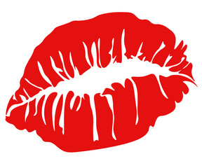 Female red lipstick kiss isolated on white background.