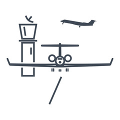 thin line icon business jet airplane is taking off or landing