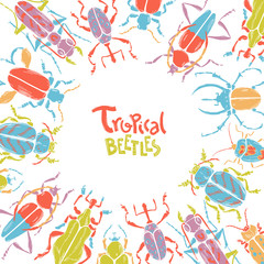 Fototapeta na wymiar Vector doodle frame with big decorative tropic bugs. Bright beet