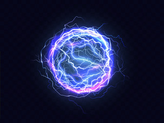 Powerful electrical discharge, lightning strike impact place realistic vector on transparent background. Ball lightning, magical effect design element. Electric energy flash sphere, pain nerve impulse