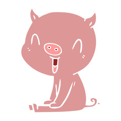 happy flat color style cartoon pig sitting