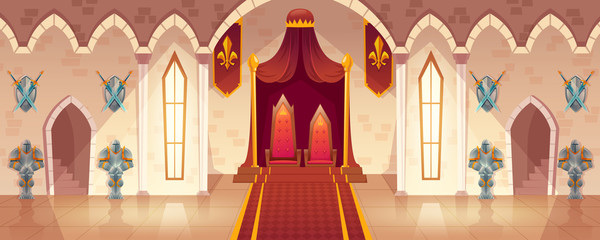 Vector throne room in medieval palace for ceremonies and royal receptions, castle hall, ballroom for dancing. Rich interior with gobelins and weapons on walls, guards in armor. Fantasy game background © vectorpocket
