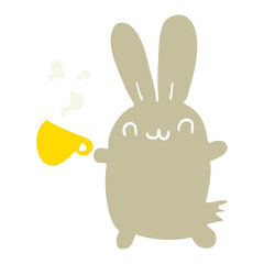 cute flat color style cartoon rabbit drinking coffee