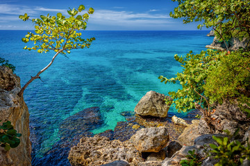 Beautiful clear turquoise water near rocks and cliffs in Negril Jamaica. Caribbean paradise island and water at the seaside with a blue sky and nice day light - obrazy, fototapety, plakaty