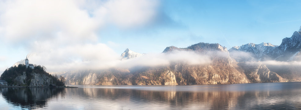Panorama of Johannesberg Chapel and Traunstein Mountain with Lak