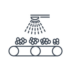 thin line icon washing fruits and vegetables, factory conveyor