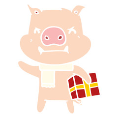 angry flat color style cartoon pig with christmas gift
