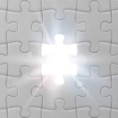 White jigsaw puzzle with missed and shining piece. Solution concept. Vector illustration