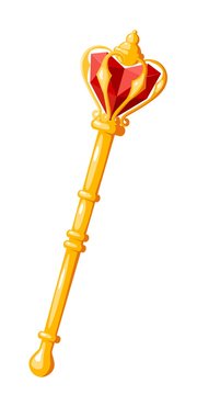 Royal scepter on a white background a symbol of monarchy a sign of power golden wand isolated object. Vector illustration of a golden rod with a ruby heart jewelry