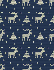 Fototapeta na wymiar Christmas background. Seamless knitted pattern with deers, fir trees and snowflakes on a blue background. Vector illustration.