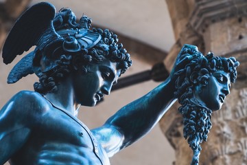 Bronze statue of Perseus holding the head of Medusa in Florence, Piazza della Signoria square, made by Benvenuto Cellini in 1545 © BlackMac