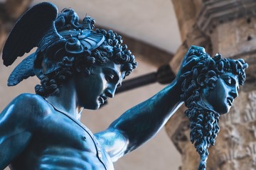Bronze statue of Perseus holding the head of Medusa in Florence, Piazza della Signoria square, made...