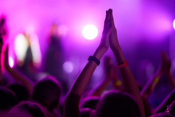 the guys put their hands up and enjoy the music. crowd at concert - summer music festival.