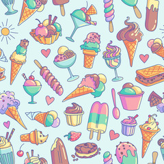 Fototapeta premium Ice Cream Seamless Pattern. Ice pop, snow cone, icecream sandwich, milkshake, sorbet, sundae, gelato, frozen yogurt, scoop.