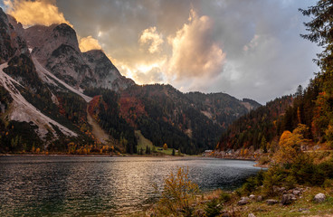 Majestic alpine lake Vorderer Gosausee.