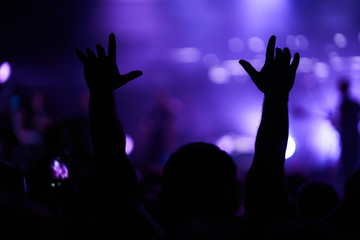 the guys put their hands up and enjoy the music. crowd at concert - summer music festival.