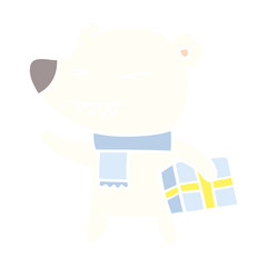 flat color style cartoon angry polar bear with xmas present