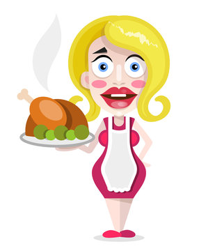 Beautiful blonde housewife with fried duck vector