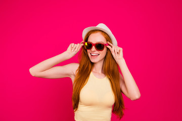 Portrait of nice cute attractive lovely adorable cheerful positi