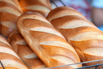 a loaf of bread is on the shelves at the bakery