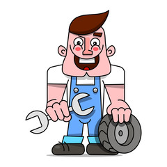 Mechanic with a wrench and a wheel from the car.