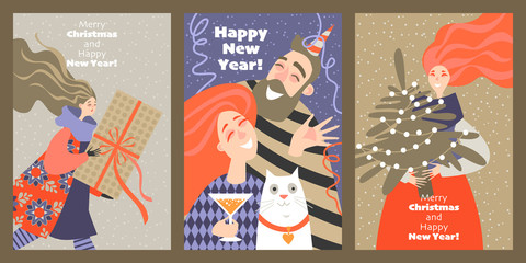 Set of cards for Christmas and New Year with funny characters in cartoon style