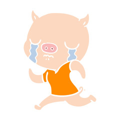 flat color style cartoon pig crying running away