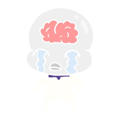 flat color style cartoon big brain alien crying