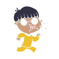 flat color style cartoon boy wearing spectacles and running