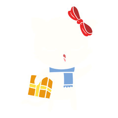 flat color style cartoon girl cat with christmas present