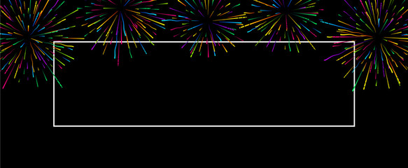 Black festive banner with frame and colorful firework.
