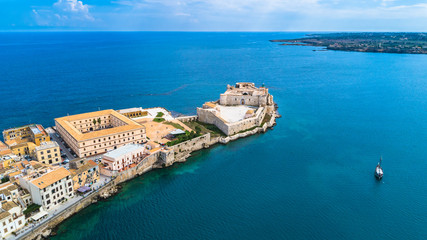 Aerial. Ortigia a small island which is the historical centre of the city of Syracuse, Sicily. Italy.