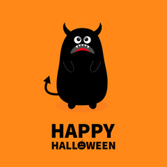 Happy Halloween. Monster black silhouette. Fang tooth. Open mouth. One eye, teeth, tongue, hands, tail, horns. Funny Cute cartoon baby character. Flat design. Orange background. Isolated.