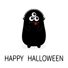 Happy Halloween. Monster black silhouette. Open mouth. Three eyes, tongue, hands. Funny Cute cartoon baby character. Flat design. White background. Isolated.