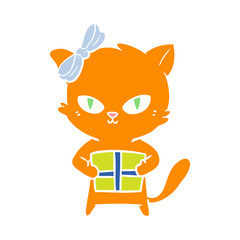 cute flat color style cartoon cat with present