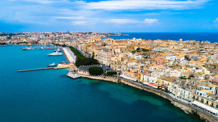 Fototapeta na wymiar Aerial. Ortigia a small island which is the historical centre of the city of Syracuse, Sicily. Italy.