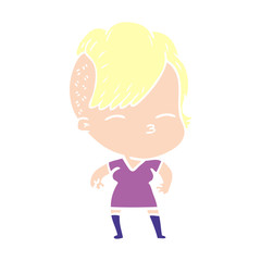 flat color style cartoon squinting girl