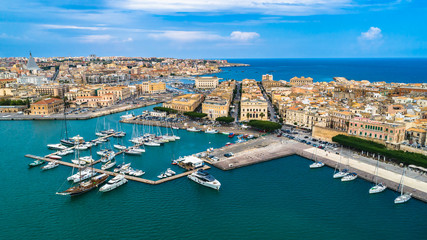 Aerial. Ortigia a small island which is the historical centre of the city of Syracuse, Sicily. Italy. - obrazy, fototapety, plakaty