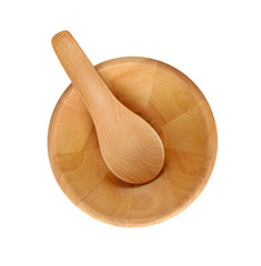 Wooden spoon in empty wooden bowl  isolated on white background