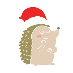 flat color style cartoon hedgehog wearing christmas hat