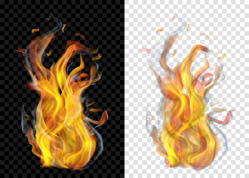 Two translucent burning campfires with smoke on transparent background. For used on light and dark backdrops. Transparency only in vector format